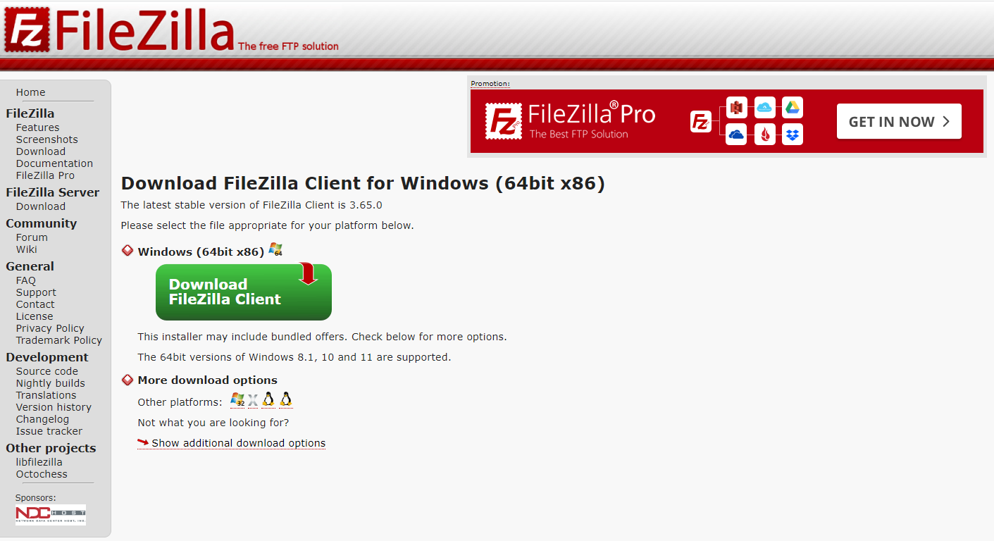 filezilla FTP 툴 설치 공식 다운로드 사이트 화면