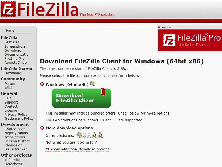 filezilla FTP 툴 설치 공식 다운로드 사이트 화면