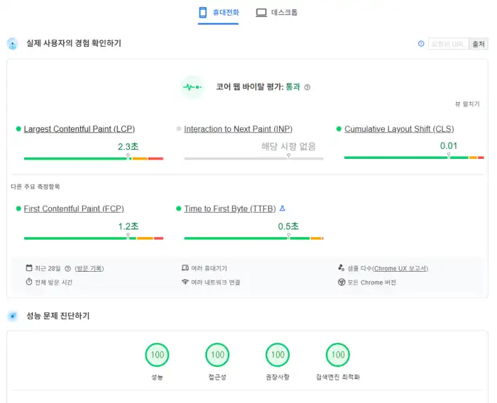 페이지스피드 100점 획득 기념 점수표